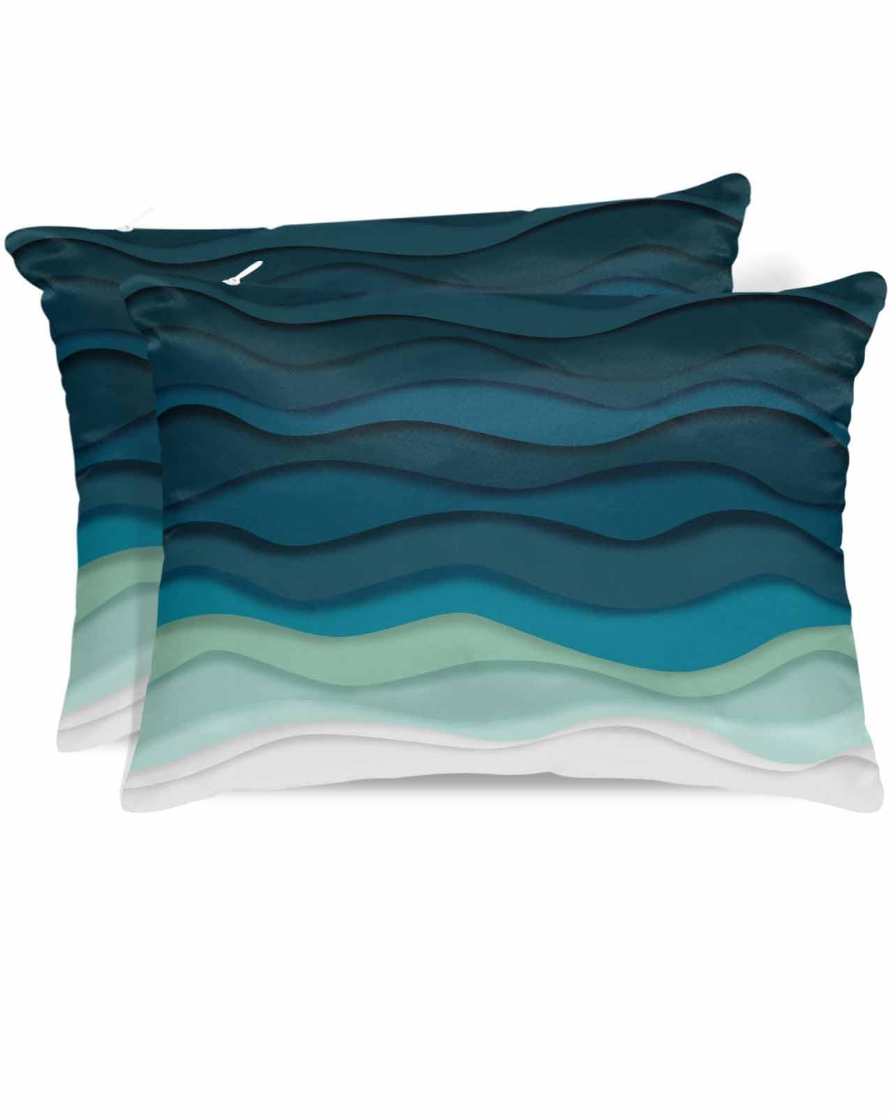 Blue Ocean Satin Pillowcase for Hair and Skin with Zipper, Soft Breathable Cooling Silk Pillow Cases, Coastal Sea Moire Waves Abstract Ombre Art Throw Pillow Covers Queen Size 20''x30'' Set of 2