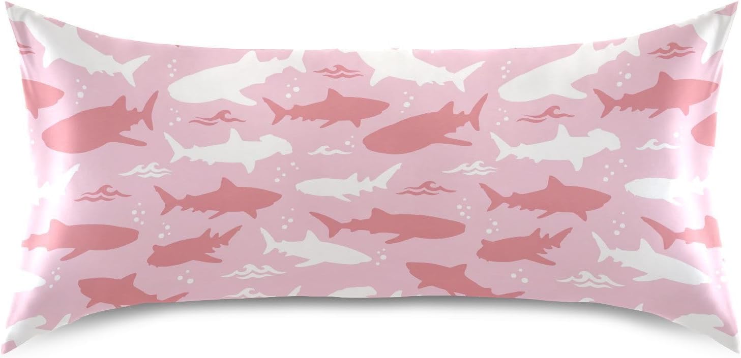 Shark Pink Print Pillow Covers Silk Pillowcase for Hair and Skin Soft and Smooth Cooling Satin Pillowcase Standard Size Pillow Case for Hot Sleepers, Night Sweats Women Bed (20x26 Inch)