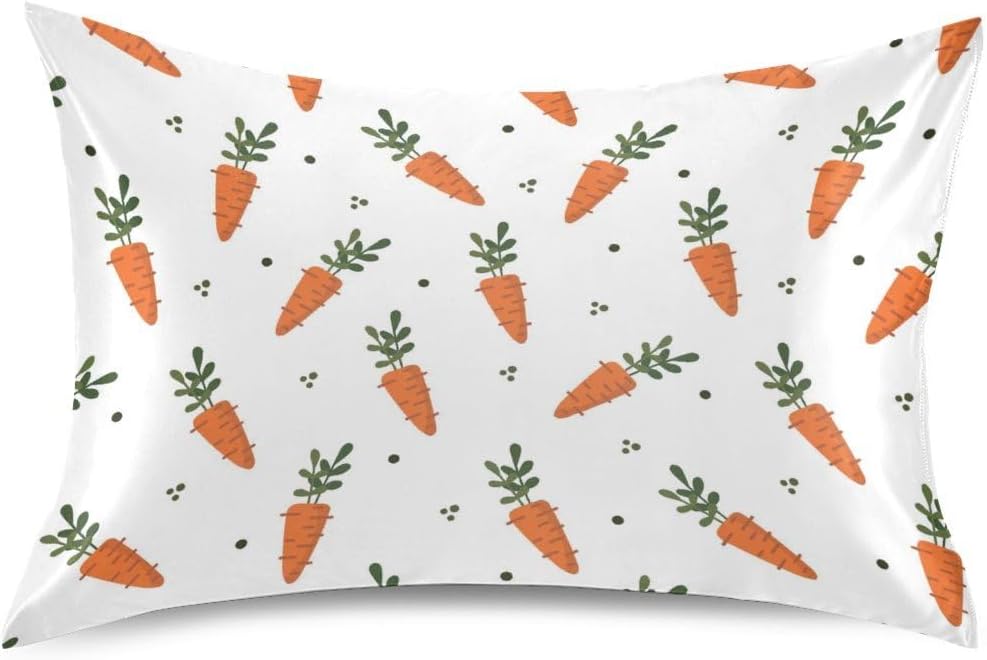 Cute Carrot Satin Pillowcase for Hair and Skin, Easter Silk Pillow Case Soft and Cozy Body Pillow Covers Standard Size with Envelope Closure (20x26 Inch)