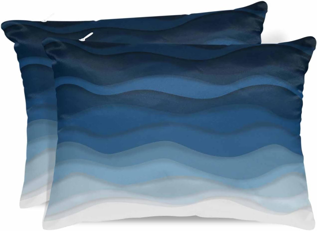 Blue Ocean Satin Pillowcase for Hair and Skin with Zipper, Soft Breathable Cooling Silk Pillow Cases, Coastal Sea Moire Waves Abstract Ombre Art Throw Pillow Covers Queen Size 20''x30'' Set of 2