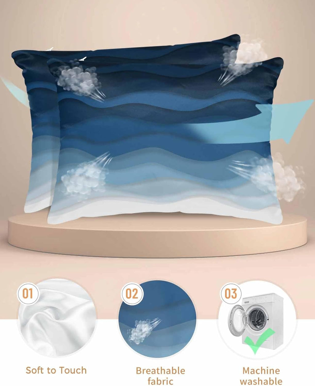 Blue Ocean Satin Pillowcase for Hair and Skin with Zipper, Soft Breathable Cooling Silk Pillow Cases, Coastal Sea Moire Waves Abstract Ombre Art Throw Pillow Covers Queen Size 20''x30'' Set of 2