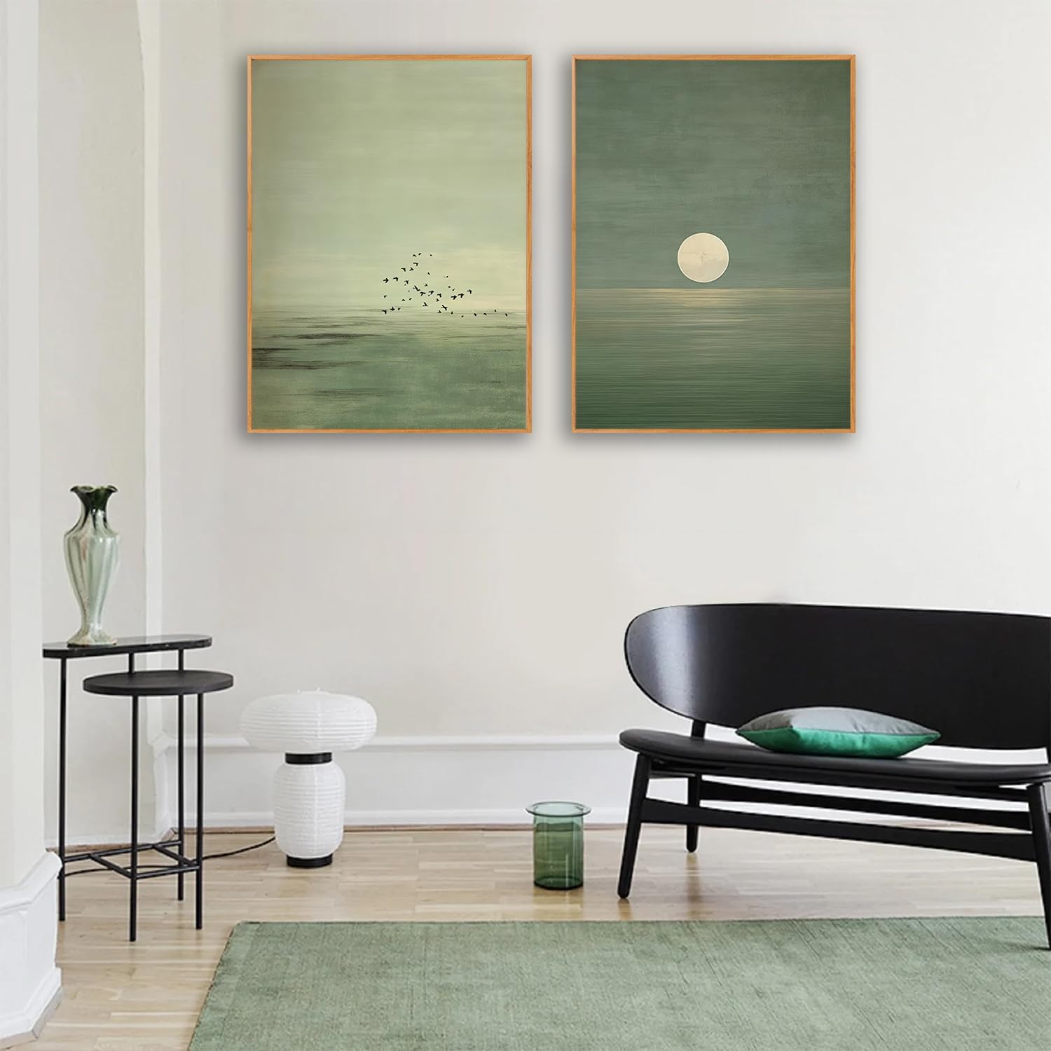 2Pcs Japanese Sage Green Wall Art Minimalist Moon and Bird Wall Decor Pictures Japanese Landscape Canvas Posters Prints for Living Room Bedroom Office Zen Home Decoration 12X16in Unframe