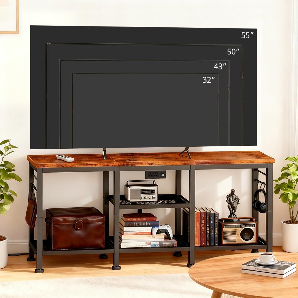 LUCKLIFE TV Stand with Charging Station for TVs up to 55 Inch,Rustic Wood Entertainment Center with 3-Tier Storage Shelves,Modern TV Media Console Table with 4 Hooks for Living Room,Bedroom(Brown)