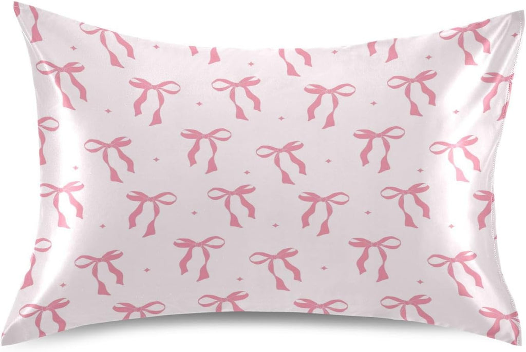 Pink Ribbon Bow Satin Pillowcase for Hair and Skin Silk Pillowcase - Satin Pillow Covers with Envelope Closure, Standard Size(20x26 inches)
