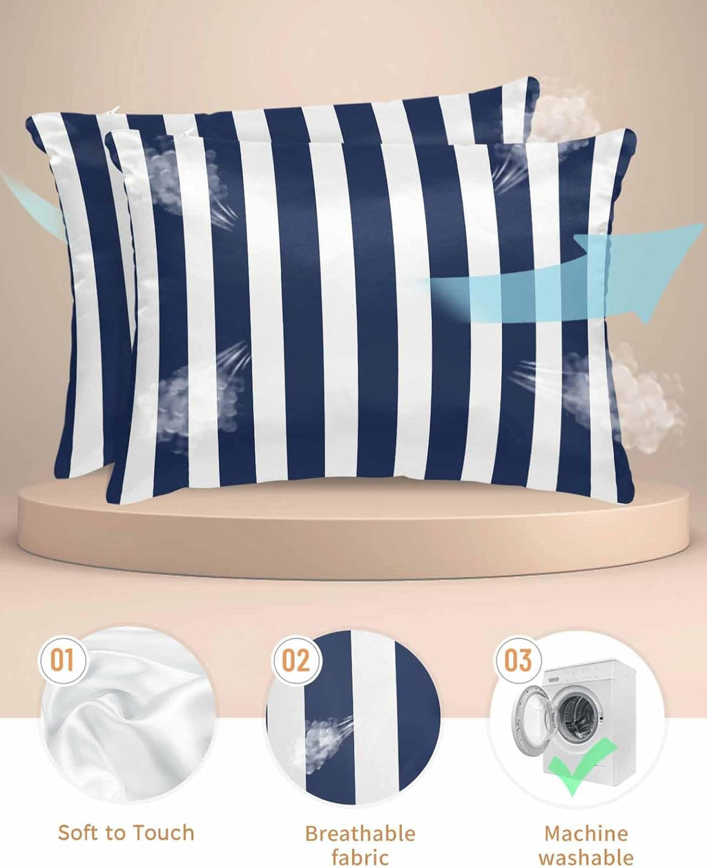 Navy Blue Stripes Satin Pillowcase for Hair and Skin with Zipper, Soft Breathable Cooling Silk Pillow Cases,Farmhouse White Simple Vertical Striped Throw Pillow Covers Standard Size 20''x26'' Set of 2