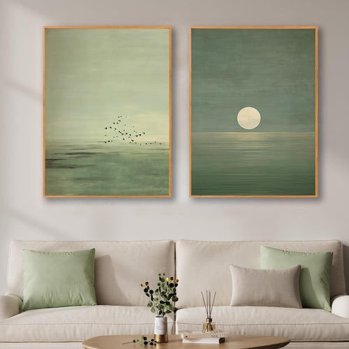2Pcs Japanese Sage Green Wall Art Minimalist Moon and Bird Wall Decor Pictures Japanese Landscape Canvas Posters Prints for Living Room Bedroom Office Zen Home Decoration 12X16in Unframe