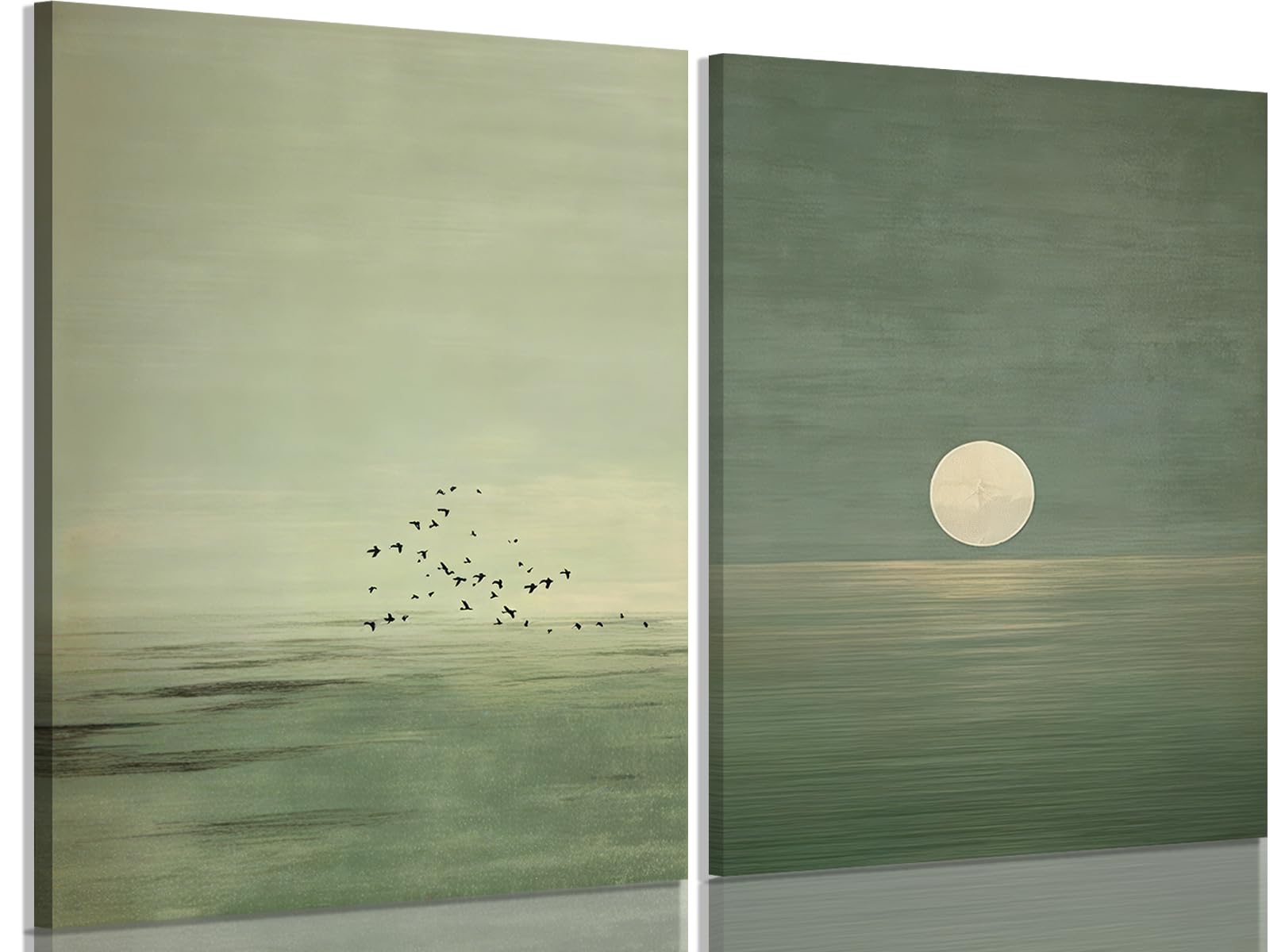 2Pcs Japanese Sage Green Wall Art Minimalist Moon and Bird Wall Decor Pictures Japanese Landscape Canvas Posters Prints for Living Room Bedroom Office Zen Home Decoration 12X16in Unframe