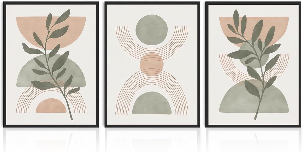 Dazzlewall 3pcs Boho Abstract Wall Art Poster, Minimalist Green Botanical Leaves Neutral Canvas Prints for Bedroom Living Room Decor, 12x16 in Unframed