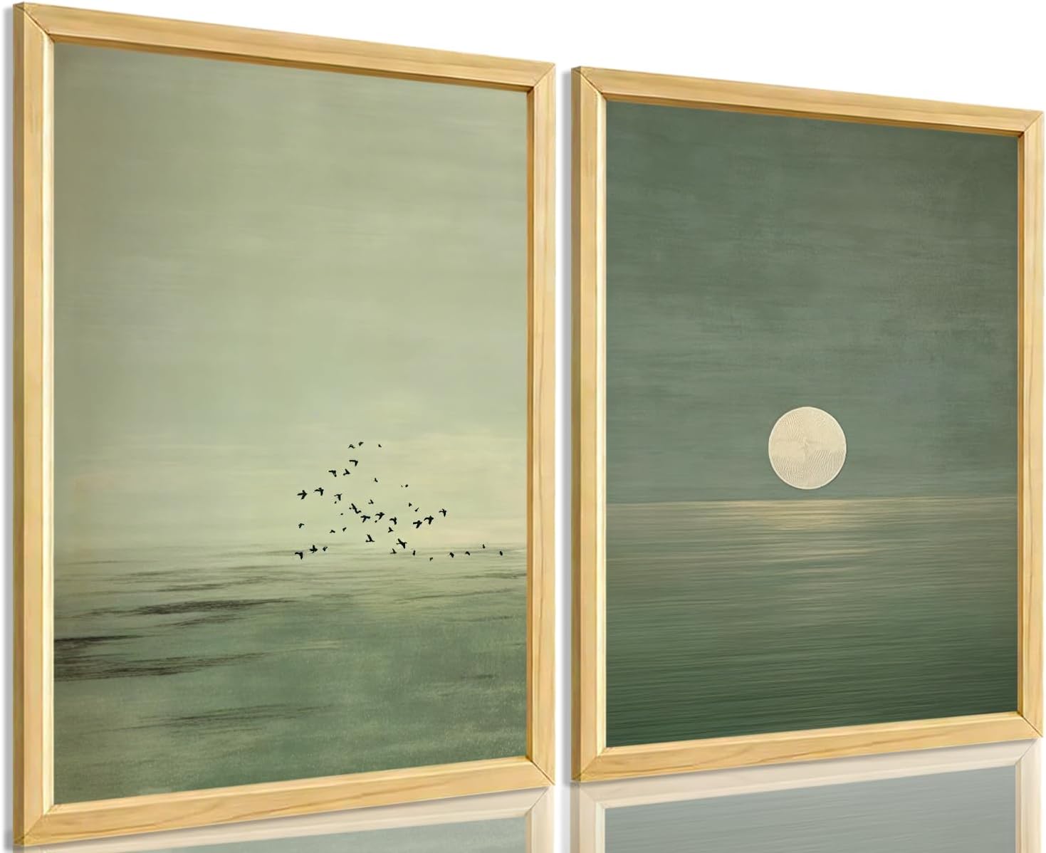 2Pcs Japanese Sage Green Wall Art Minimalist Moon and Bird Wall Decor Pictures Japanese Landscape Canvas Posters Prints for Living Room Bedroom Office Zen Home Decoration 12X16in Unframe