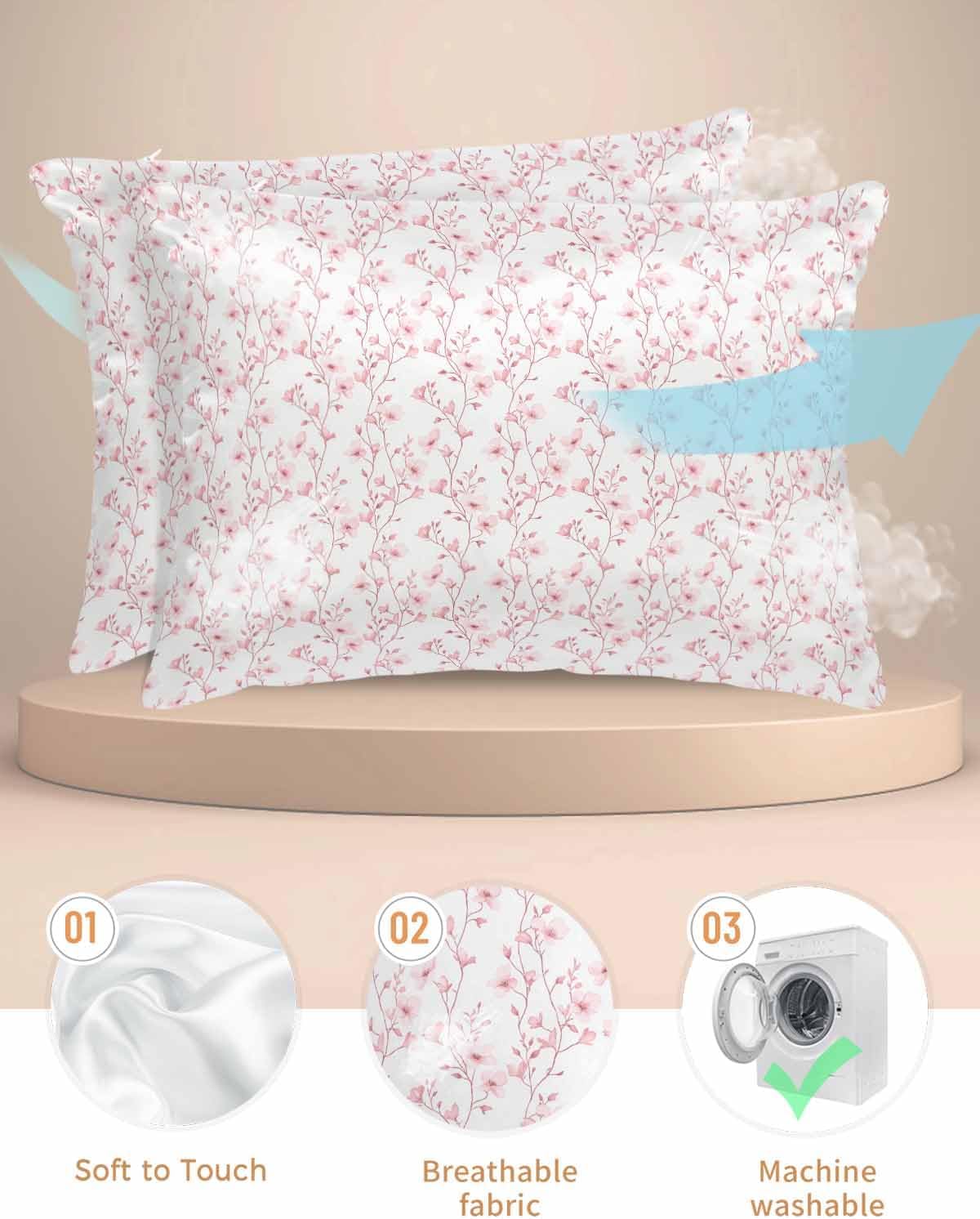 Satin Pillowcase for Hair and Skin Standard Size 2 Pack Pink Floral Satin Pillow Case Soft Breathable Smooth Cooling Silk Flower Tree Branch Pillowcases with Hidden Zipper Throw Pillow Covers 20x26