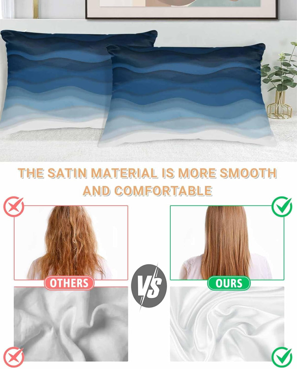 Blue Ocean Satin Pillowcase for Hair and Skin with Zipper, Soft Breathable Cooling Silk Pillow Cases, Coastal Sea Moire Waves Abstract Ombre Art Throw Pillow Covers Queen Size 20''x30'' Set of 2