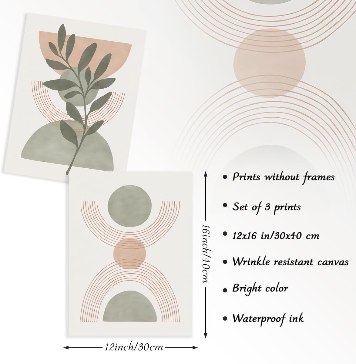 Dazzlewall 3pcs Boho Abstract Wall Art Poster, Minimalist Green Botanical Leaves Neutral Canvas Prints for Bedroom Living Room Decor, 12x16 in Unframed