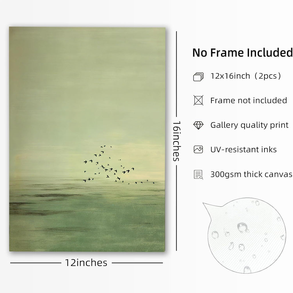 2Pcs Japanese Sage Green Wall Art Minimalist Moon and Bird Wall Decor Pictures Japanese Landscape Canvas Posters Prints for Living Room Bedroom Office Zen Home Decoration 12X16in Unframe