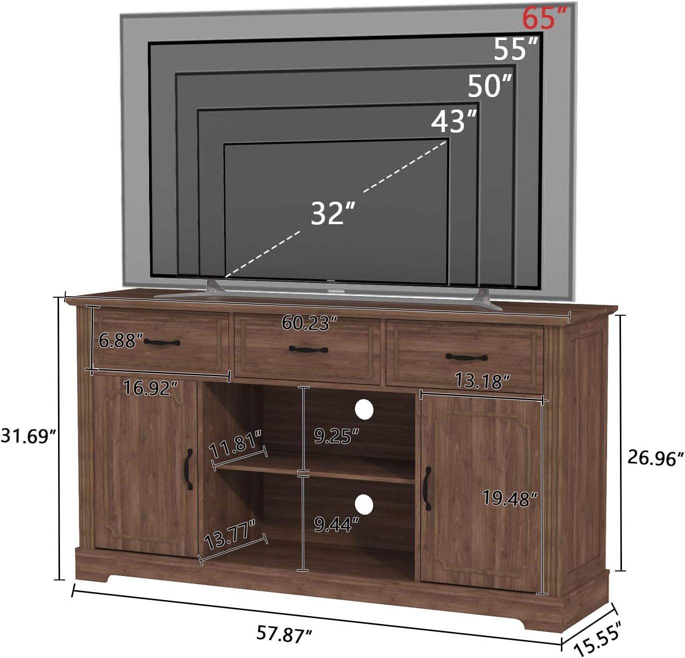 ARTPOWER TV Stand with 3 Drawers for TV up to 65'', Wood Mid Century Television Cabinet with Adjustable Shelves, Entertainment Center with Storage, Console for Living Room, Walnut