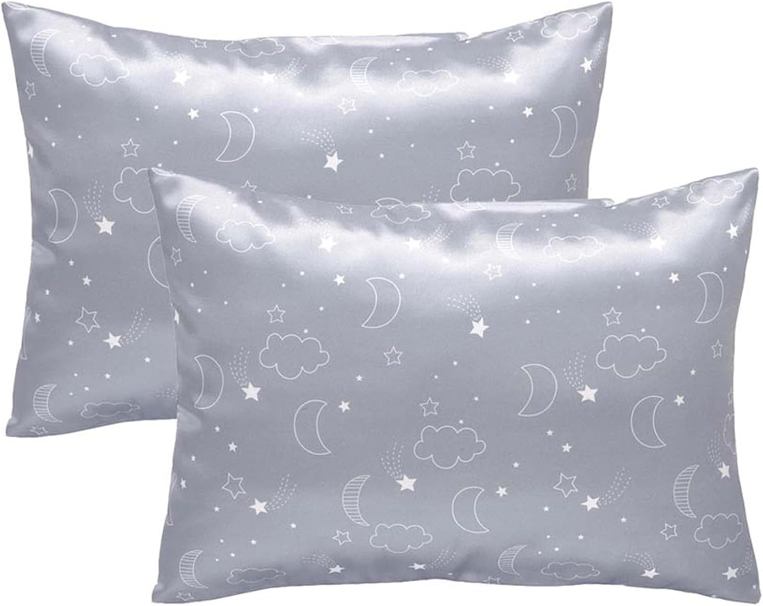 Winmany 2 Pack Toddler Pillow Cases Baby Silk Satin Pillowcases 49 x 36cm Cot Bed Envelope Pillow Cover Kids Soft Travel Pillow Pair Cases for Boys Girls Machine Washable (Grey Cloud Moon)
