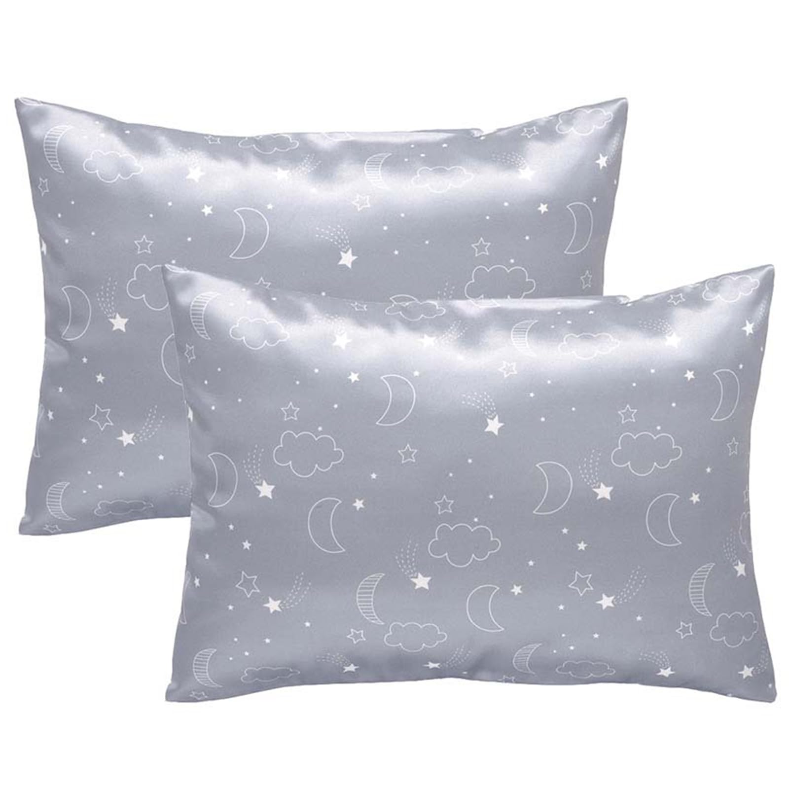 Winmany 2 Pack Toddler Pillow Cases Baby Silk Satin Pillowcases 49 x 36cm Cot Bed Envelope Pillow Cover Kids Soft Travel Pillow Pair Cases for Boys Girls Machine Washable (Grey Cloud Moon)