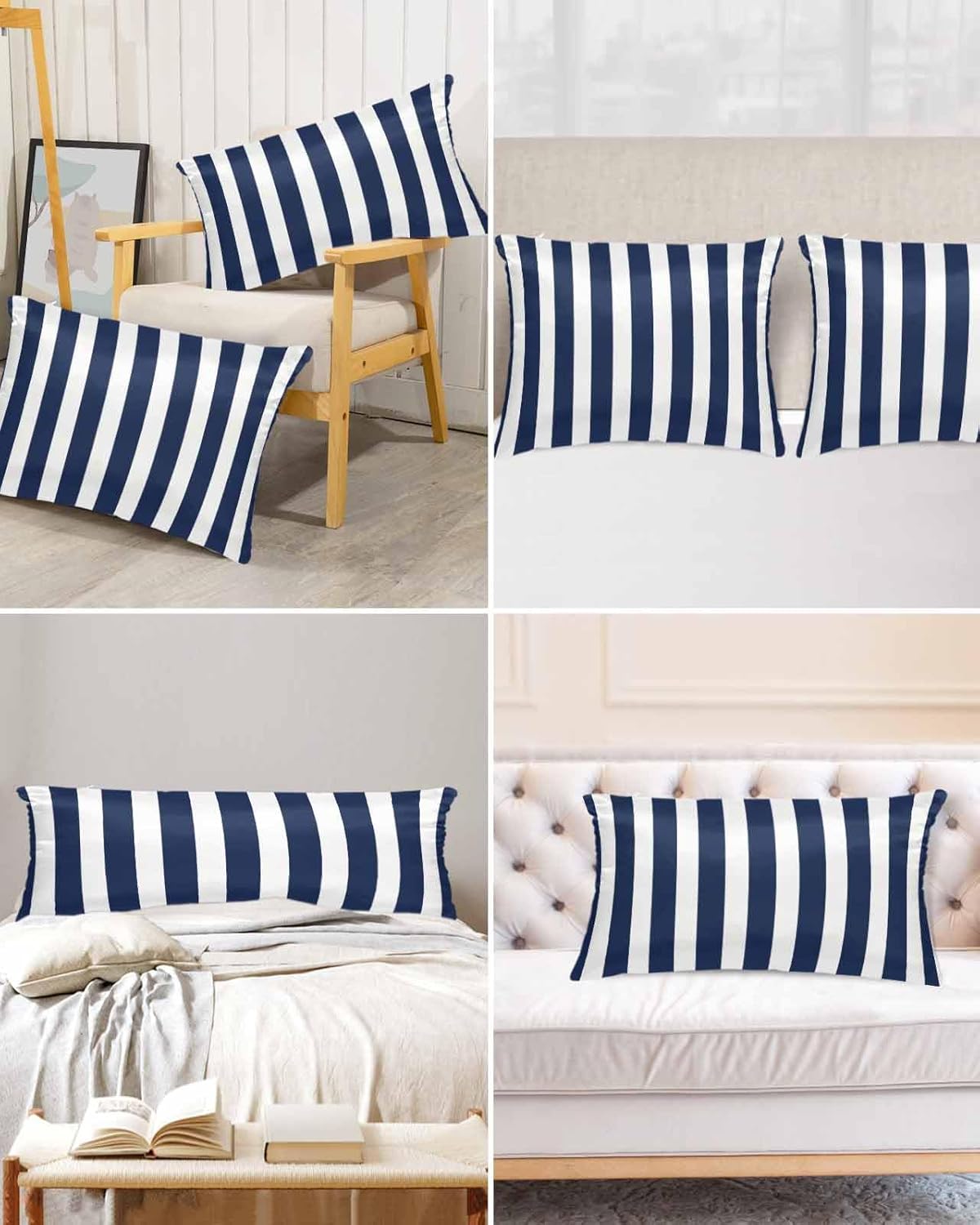 Navy Blue Stripes Satin Pillowcase for Hair and Skin with Zipper, Soft Breathable Cooling Silk Pillow Cases,Farmhouse White Simple Vertical Striped Throw Pillow Covers Standard Size 20''x26'' Set of 2