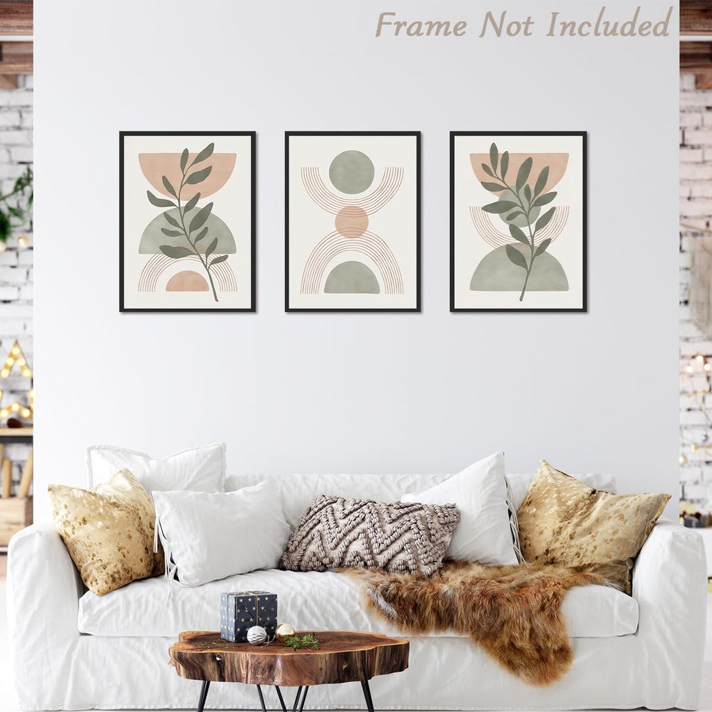 Dazzlewall 3pcs Boho Abstract Wall Art Poster, Minimalist Green Botanical Leaves Neutral Canvas Prints for Bedroom Living Room Decor, 12x16 in Unframed
