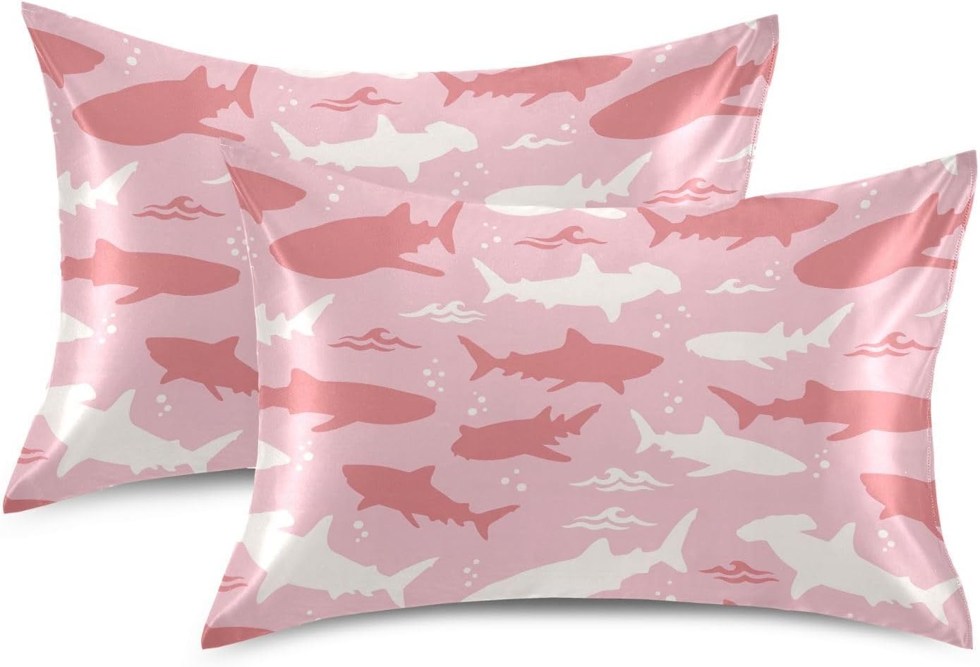 Shark Pink Print Pillow Covers Silk Pillowcase for Hair and Skin Soft and Smooth Cooling Satin Pillowcase Standard Size Pillow Case for Hot Sleepers, Night Sweats Women Bed (20x26 Inch)