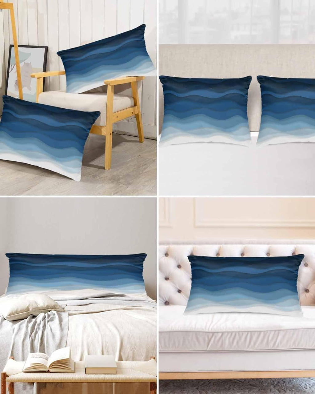 Blue Ocean Satin Pillowcase for Hair and Skin with Zipper, Soft Breathable Cooling Silk Pillow Cases, Coastal Sea Moire Waves Abstract Ombre Art Throw Pillow Covers Queen Size 20''x30'' Set of 2