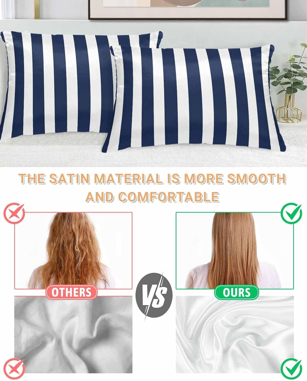 Navy Blue Stripes Satin Pillowcase for Hair and Skin with Zipper, Soft Breathable Cooling Silk Pillow Cases,Farmhouse White Simple Vertical Striped Throw Pillow Covers Standard Size 20''x26'' Set of 2