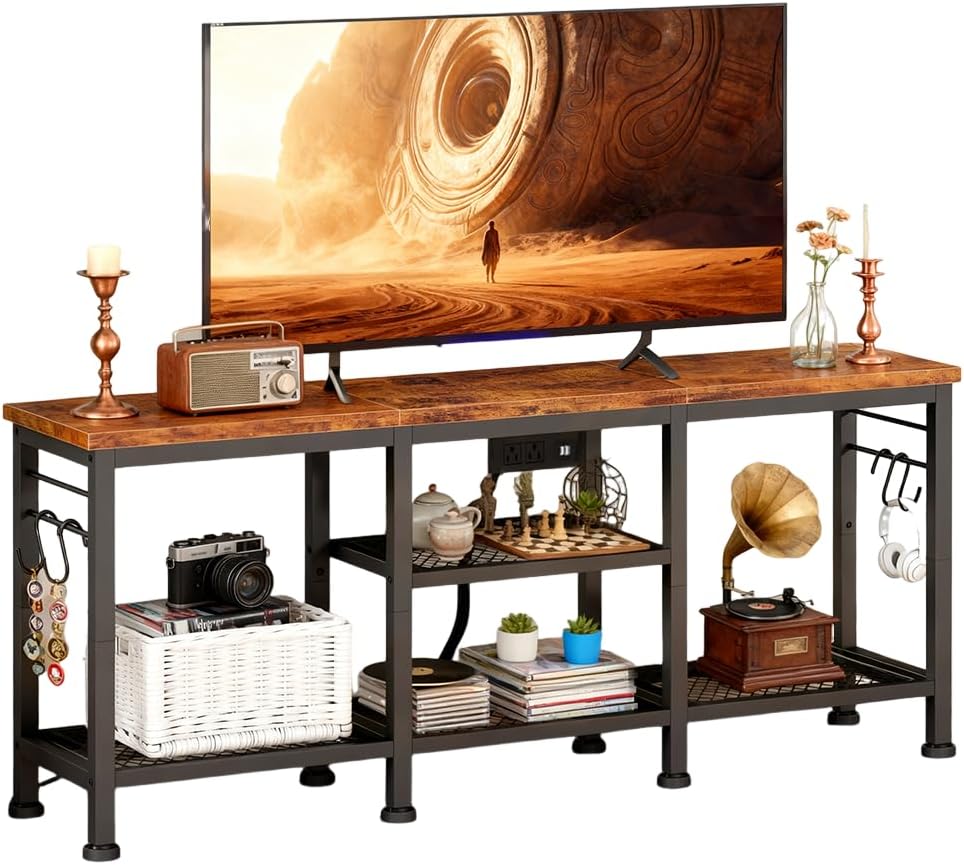LUCKLIFE TV Stand with Charging Station for TVs up to 55 Inch,Rustic Wood Entertainment Center with 3-Tier Storage Shelves,Modern TV Media Console Table with 4 Hooks for Living Room,Bedroom(Brown)