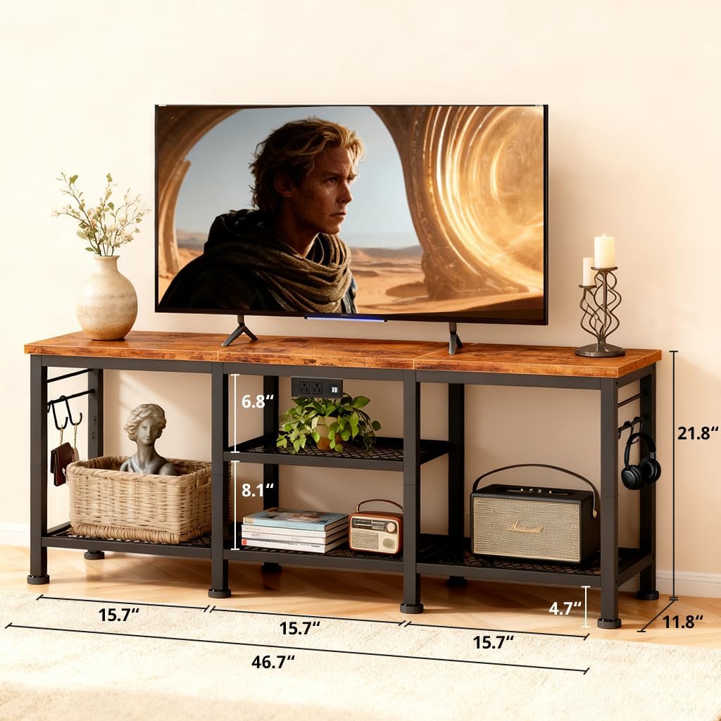 LUCKLIFE TV Stand with Charging Station for TVs up to 55 Inch,Rustic Wood Entertainment Center with 3-Tier Storage Shelves,Modern TV Media Console Table with 4 Hooks for Living Room,Bedroom(Brown)