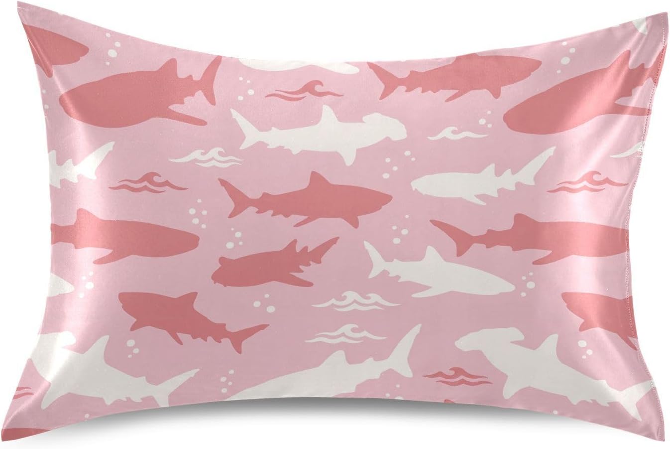Shark Pink Print Pillow Covers Silk Pillowcase for Hair and Skin Soft and Smooth Cooling Satin Pillowcase Standard Size Pillow Case for Hot Sleepers, Night Sweats Women Bed (20x26 Inch)