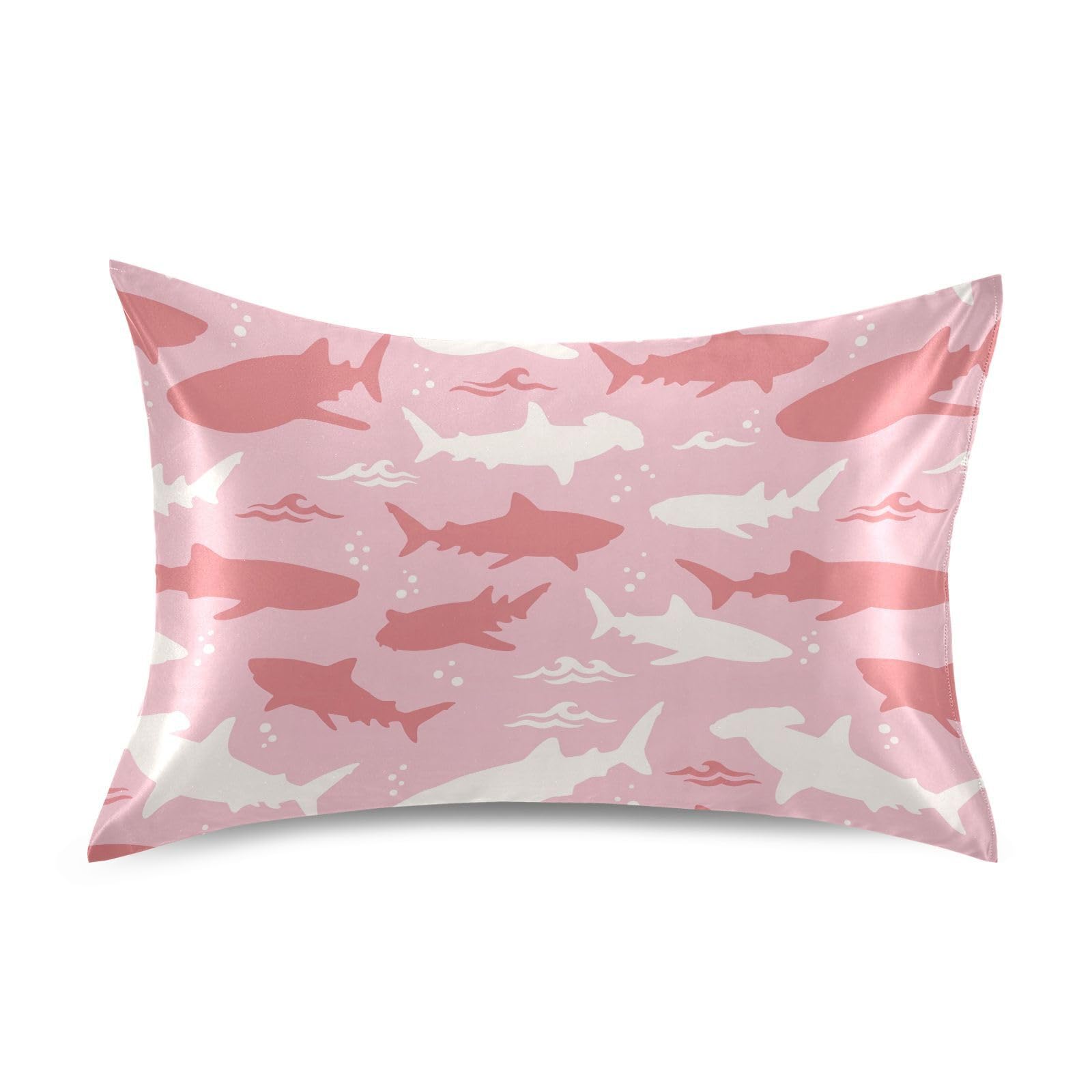 Shark Pink Print Pillow Covers Silk Pillowcase for Hair and Skin Soft and Smooth Cooling Satin Pillowcase Standard Size Pillow Case for Hot Sleepers, Night Sweats Women Bed (20x26 Inch)