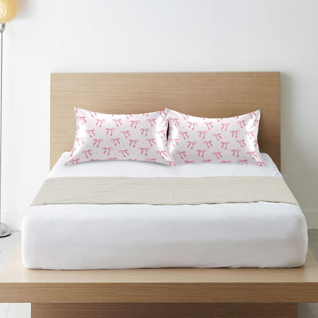 Pink Ribbon Bow Satin Pillowcase for Hair and Skin Silk Pillowcase - Satin Pillow Covers with Envelope Closure, Standard Size(20x26 inches)