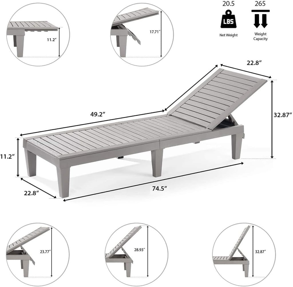 Nestl Patio Chairs - Grey Chaise Lounge Chair Outdoor, 5-Position Adjustable Sun Tanning Chair, Waterproof Pool Lounge Chairs, Reclining Lawn Chair, Lightweight Outdoor Lounge Chairs