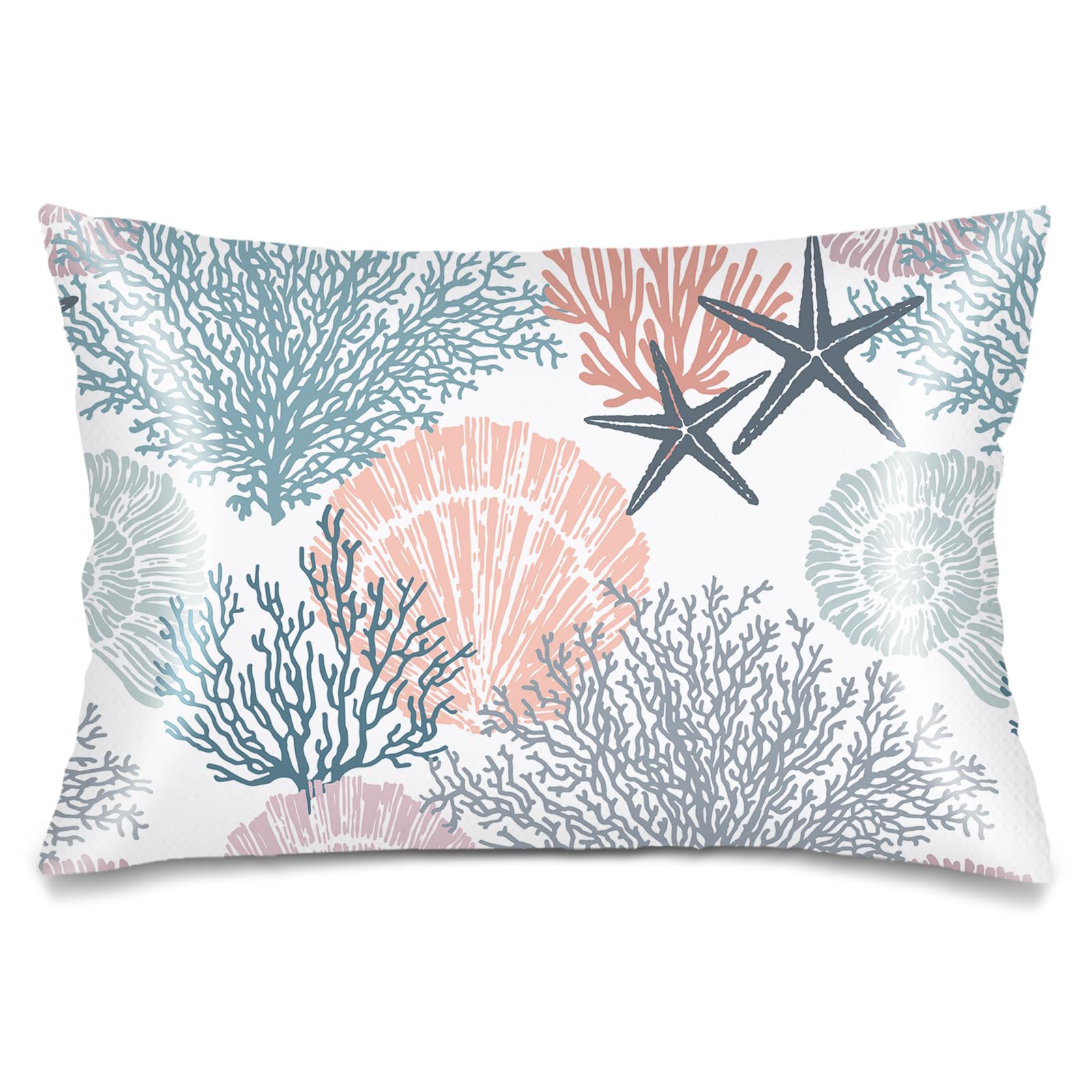Silk Satin Pillowcase for Hair and Skin,Beach Theme Throw Pillow Cover Queen Size Pillowcases Envelope Closure,Coastal Pillow Covers Ocean Coral Starfish Decorative Cushion Cases,20"x30",Teal
