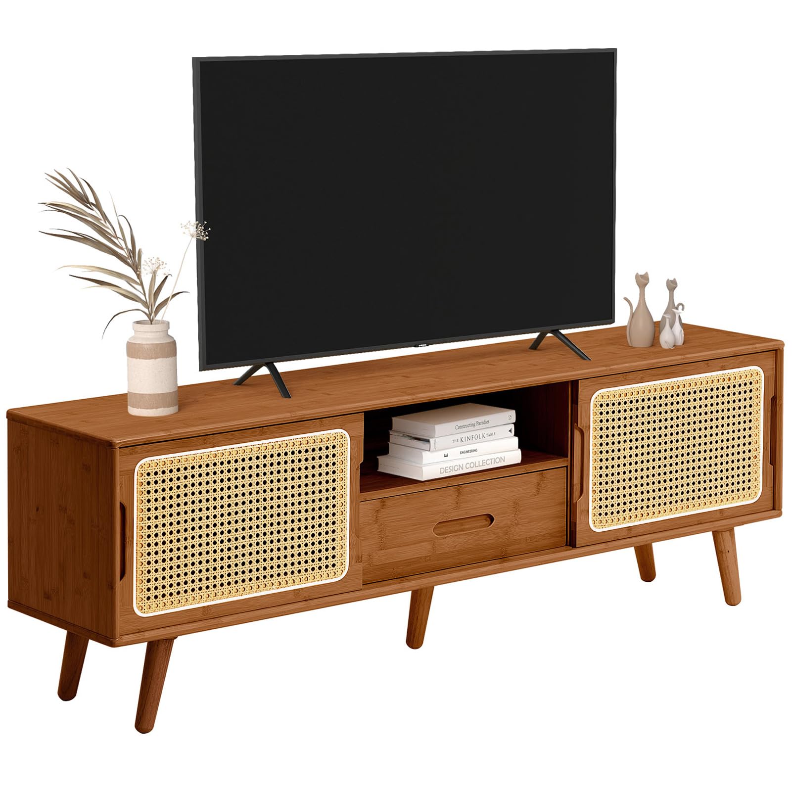HollyHOME Bamboo TV Stand with Storage for TVs up to 65'', Modern Entertainment Center with 2 Open Shelf, Accent TV Media Console Table for Living Room, Bedroom, 55"(L), Burlywood