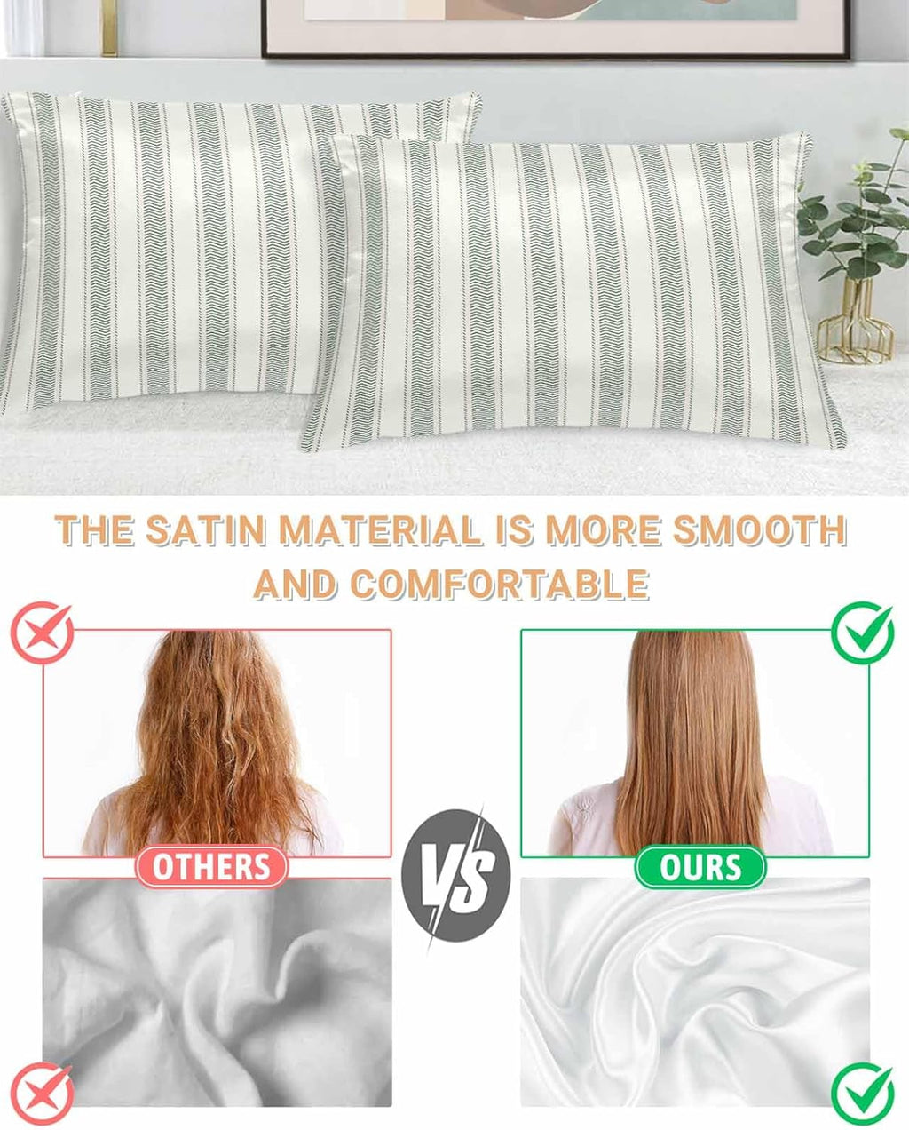 Satin Pillowcase for Hair and Skin Standard Size 2 Pack Sage Green Stripes Satin Pillow Case Soft Cool Silk Vertical Striped Line Pillowcases with Hidden Zipper Throw Pillow Covers 20x26 Inch