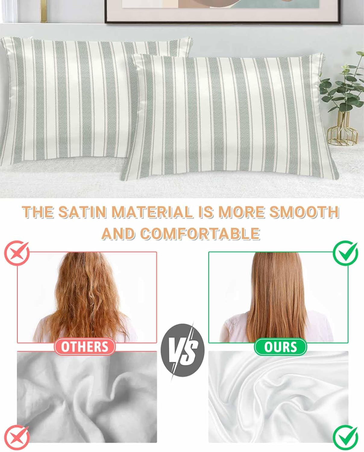 Satin Pillowcase for Hair and Skin Standard Size 2 Pack Sage Green Stripes Satin Pillow Case Soft Cool Silk Vertical Striped Line Pillowcases with Hidden Zipper Throw Pillow Covers 20x26 Inch