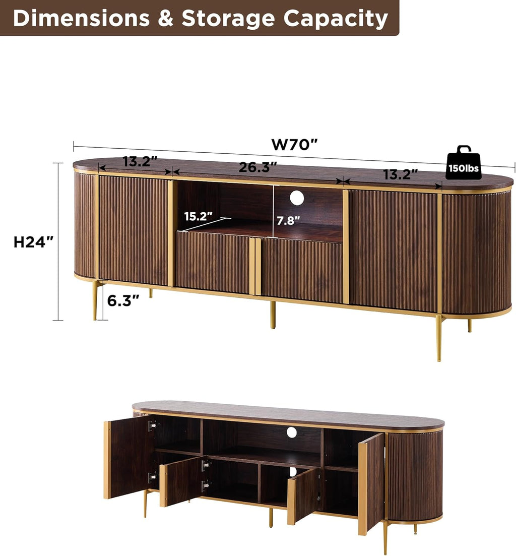 OKD Luxury 70" Fluted TV Stand, Modern Chic Entertainment Center for TVs Up to 80 inches, TV Console with Faux Marble Top, Curved Profile Design, Media Console for Living Room, (Dark Walnut)