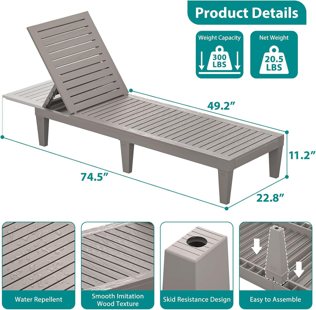Outdoor Lounge Chairs Set of 2 for Poolside Patio, Weather-Resistant Pool Chaise Lounge with Adjustable Backrest, Resin Tanning Chair Sun Lounger for Outside Deck, Beach, Sunbathing, Taupe