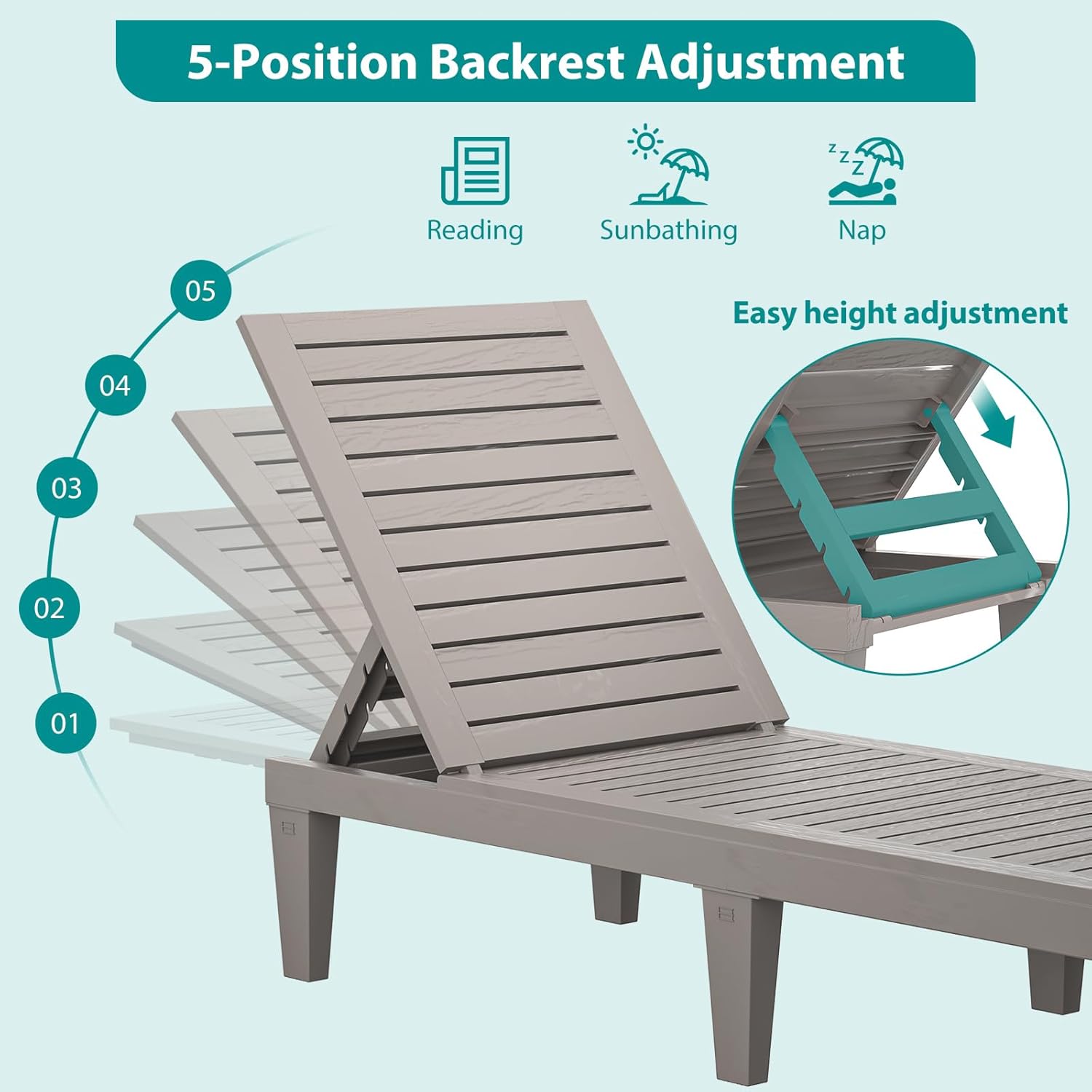 Outdoor Lounge Chairs Set of 2 for Poolside Patio, Weather-Resistant Pool Chaise Lounge with Adjustable Backrest, Resin Tanning Chair Sun Lounger for Outside Deck, Beach, Sunbathing, Taupe