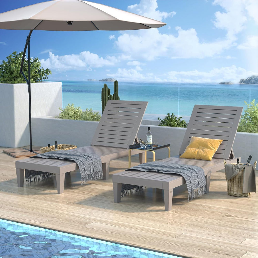 Outdoor Lounge Chairs Set of 2 for Poolside Patio, Weather-Resistant Pool Chaise Lounge with Adjustable Backrest, Resin Tanning Chair Sun Lounger for Outside Deck, Beach, Sunbathing, Taupe