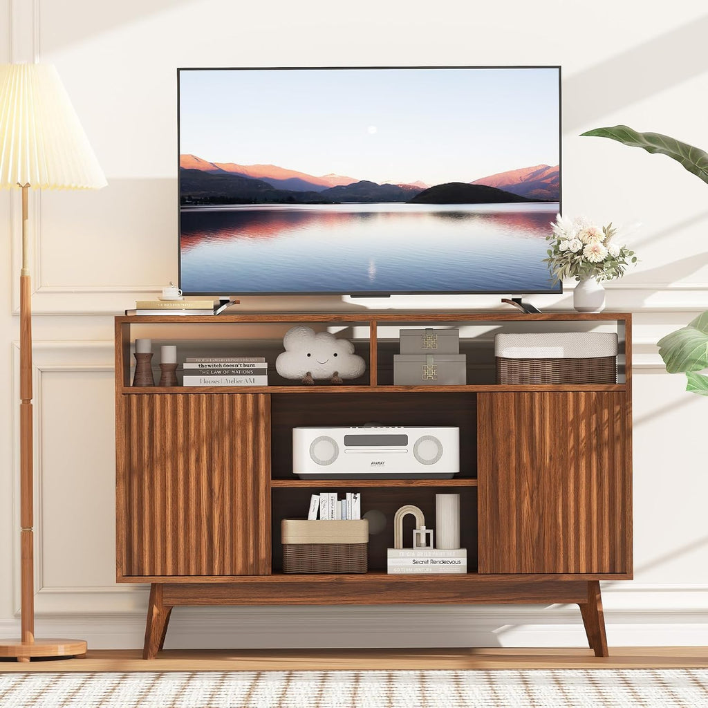 Concho Fluted TV Stand for 60 Inch TV, Modern Entertainment Center with Storage and Shelves, Wood TV Console with Solid Wood Legs, Tall Media Console, TV Cabinet for Living Room and Bedroom, Walnut