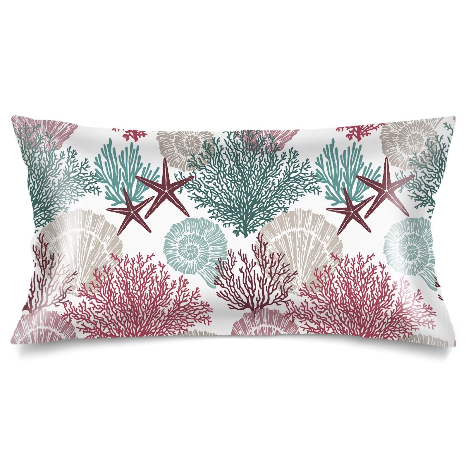 Silk Satin Pillowcase for Hair and Skin,Beach Theme Throw Pillow Cover Queen Size Pillowcases Envelope Closure,Coastal Pillow Covers Ocean Coral Starfish Decorative Cushion Cases,20"x30",Teal