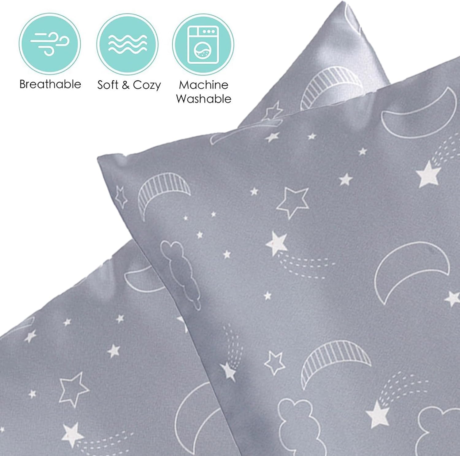 Winmany 2 Pack Toddler Pillow Cases Baby Silk Satin Pillowcases 49 x 36cm Cot Bed Envelope Pillow Cover Kids Soft Travel Pillow Pair Cases for Boys Girls Machine Washable (Grey Cloud Moon)
