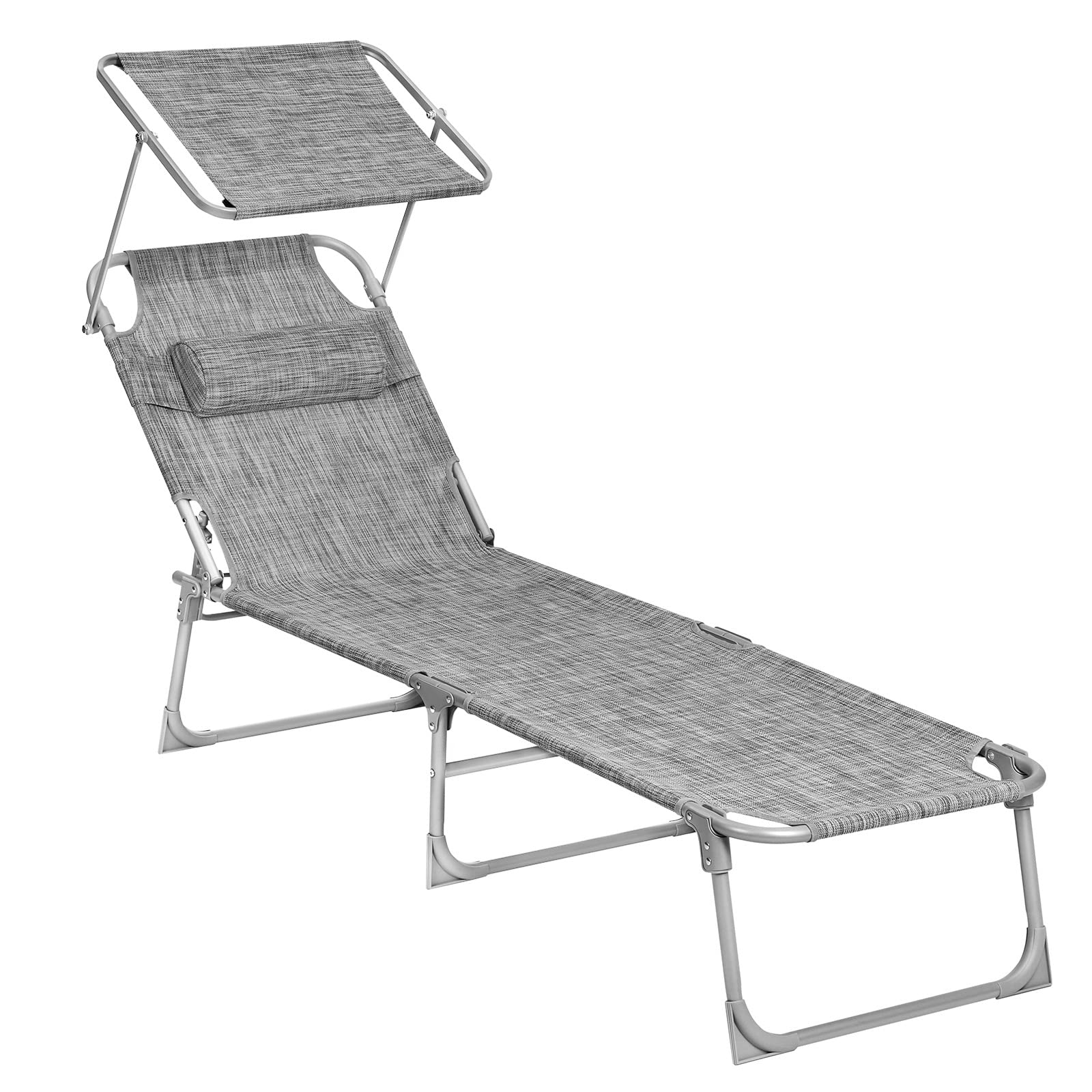 SONGMICS Sun Lounger, Patio Chaise Lounge Chair, Folding, with Canopy, 76 x 20.9 x 11.4 Inches, Holds 330 lb, Headrest, Adjustable Backrest, Outdoor Garden Pool, Dark Gray UGCB19UV1