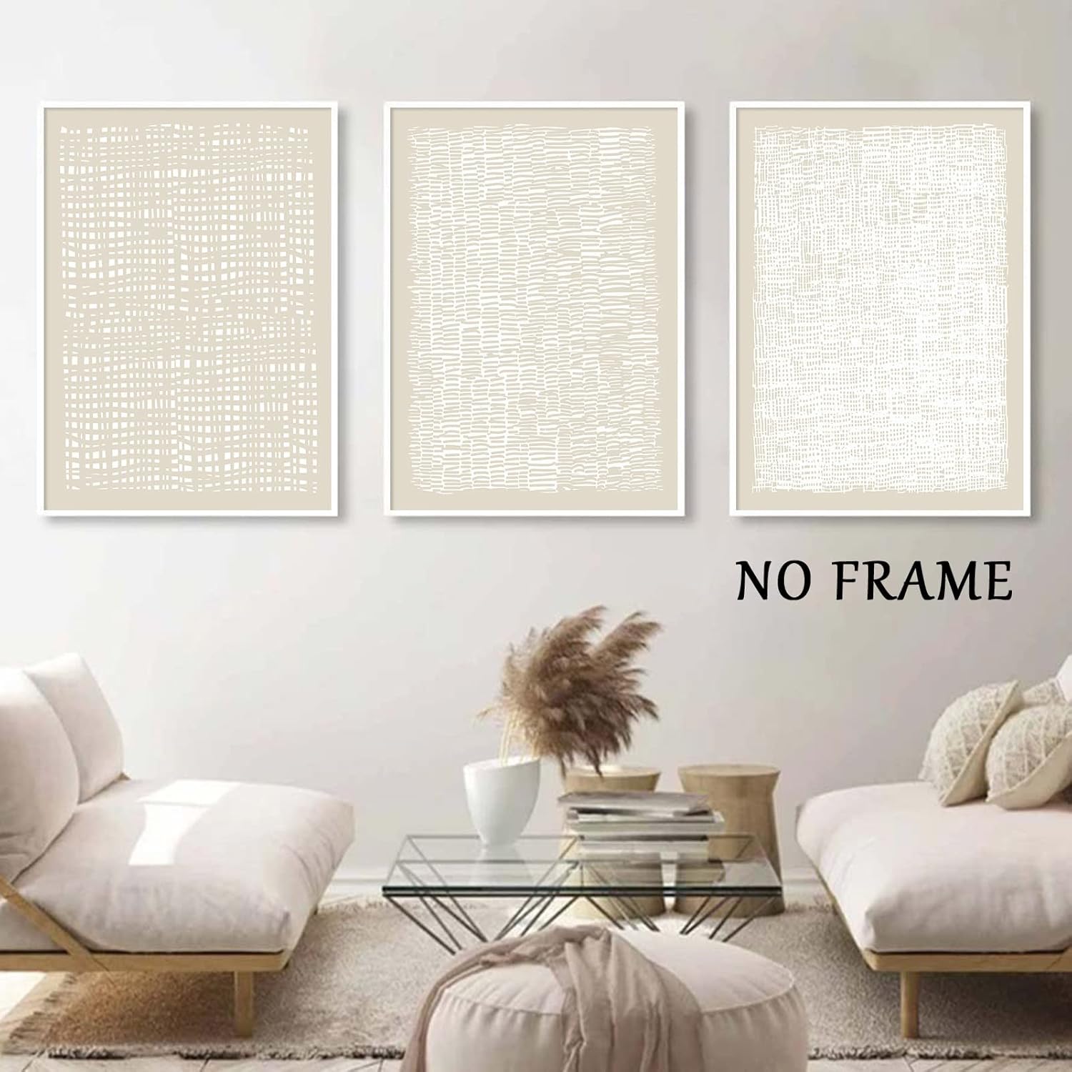 Abstract Beige Canvas Wall Art Boho Mid Century Modern Prints Line Art Paintings White Large Artwork Poster Neutral Minimalist Picture 16x24inchx3 No Frame
