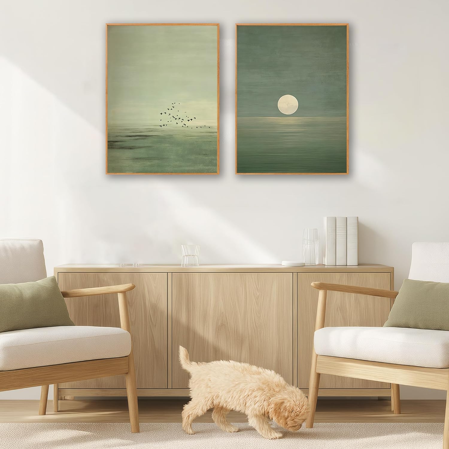 2Pcs Japanese Sage Green Wall Art Minimalist Moon and Bird Wall Decor Pictures Japanese Landscape Canvas Posters Prints for Living Room Bedroom Office Zen Home Decoration 12X16in Unframe