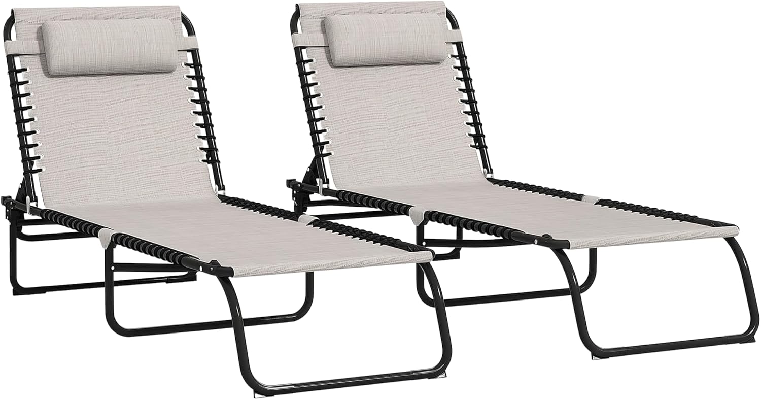 Outsunny Folding Chaise Lounge Chair Set of 2, Patio Sun Tanning Chair, Outdoor Chaise Lounger with 4-Position Reclining Back, Breathable Mesh Seat for Beach, Poolside, Cream