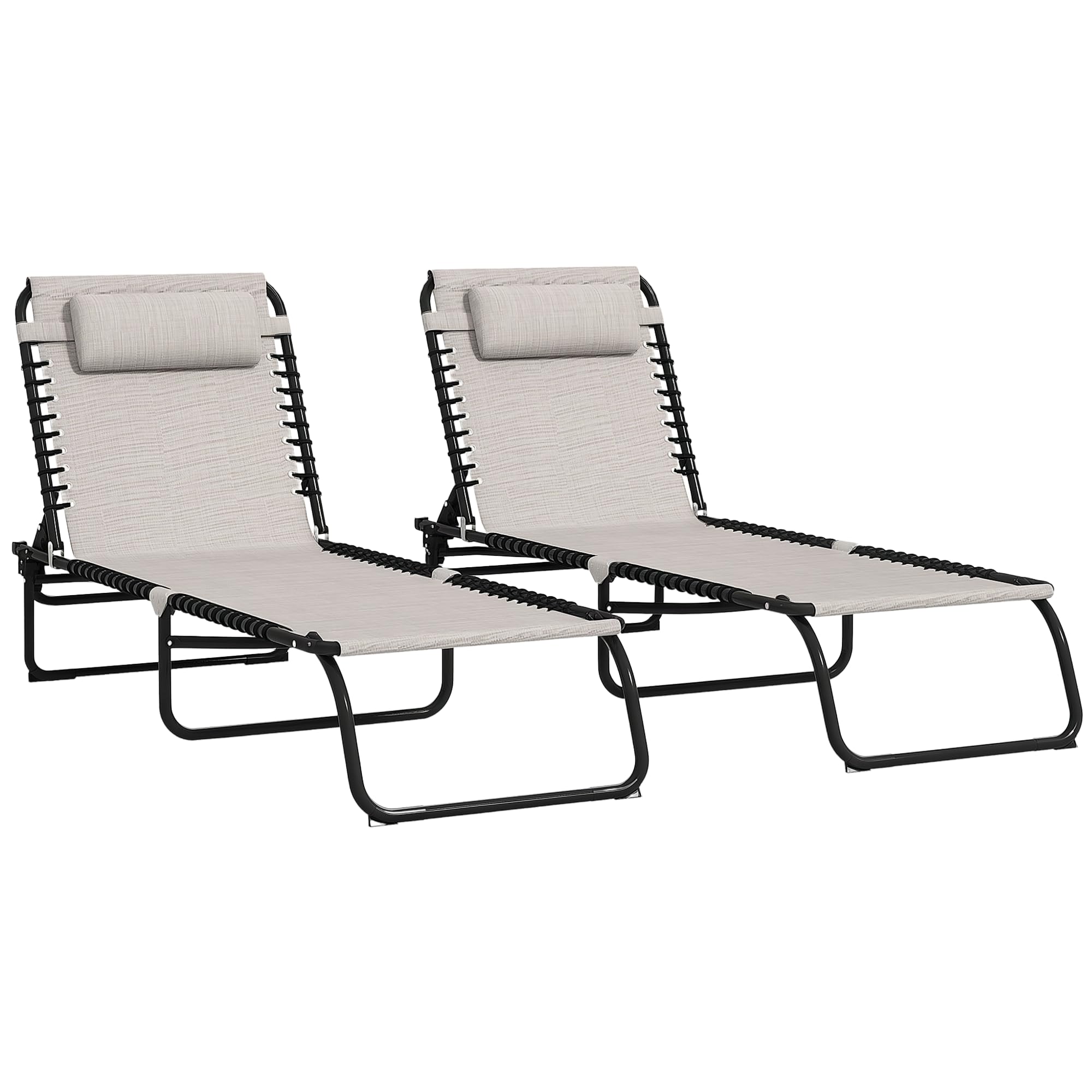 Outsunny Folding Chaise Lounge Chair Set of 2, Patio Sun Tanning Chair, Outdoor Chaise Lounger with 4-Position Reclining Back, Breathable Mesh Seat for Beach, Poolside, Cream