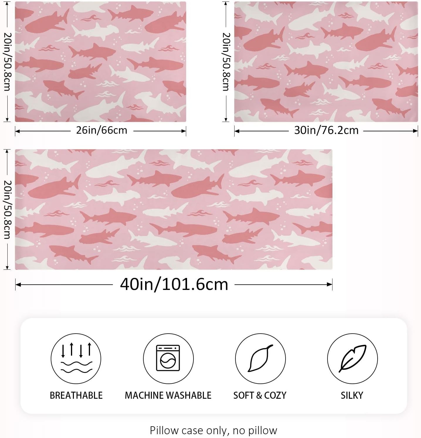 Shark Pink Print Pillow Covers Silk Pillowcase for Hair and Skin Soft and Smooth Cooling Satin Pillowcase Standard Size Pillow Case for Hot Sleepers, Night Sweats Women Bed (20x26 Inch)
