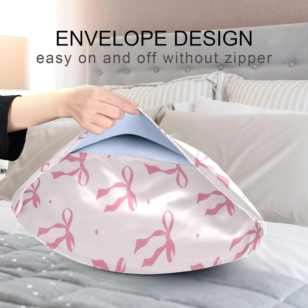 Pink Ribbon Bow Satin Pillowcase for Hair and Skin Silk Pillowcase - Satin Pillow Covers with Envelope Closure, Standard Size(20x26 inches)