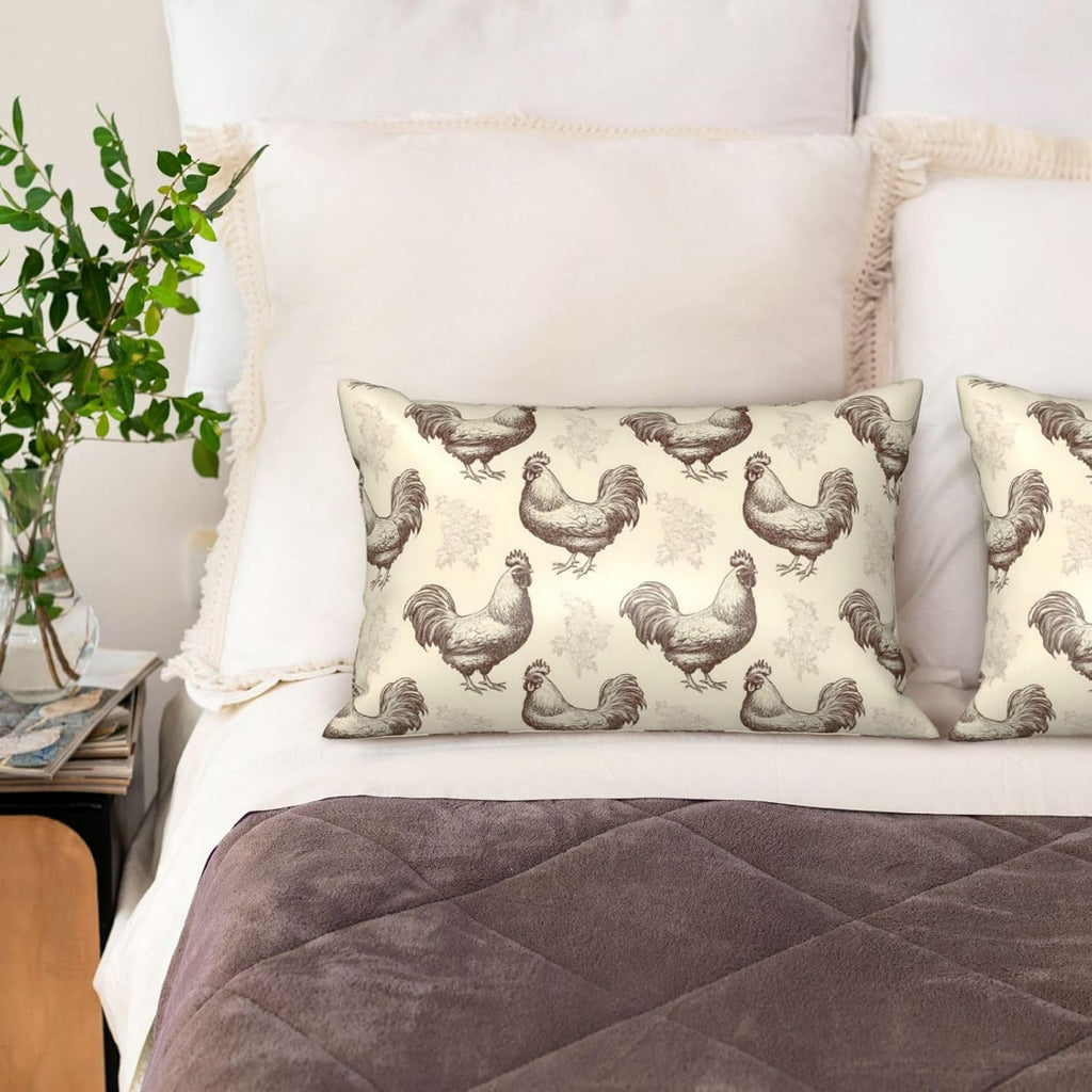 Silk Pillow Case for Hair and Skin Queen - Cooling Sleep Sketch Chicken Print Throw Pillow Covers Standard Size 20x30 Inch, Soft Comfy Satin Pillowcase with Zipper for Women & Men